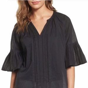 Velvet by Graham & Spencer Black Cotton Bell Sleeve Top with Split Neck - M
